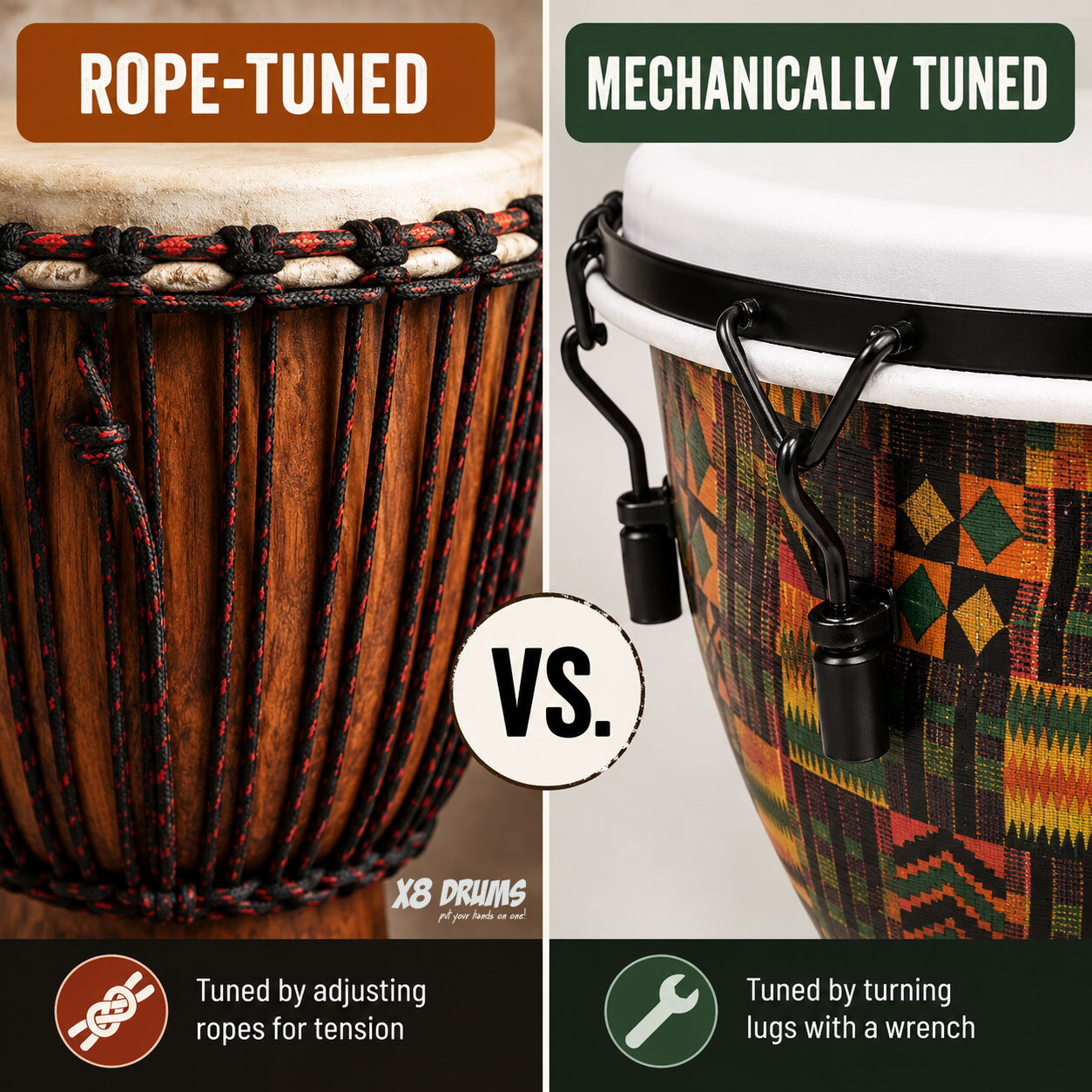 Closeup comparison of rope-tuned and mechanically tuned djembe drums