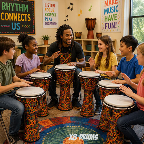 Children playing synthetic djembes in a classroom music program